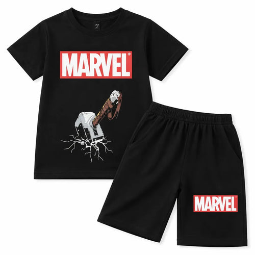 Black Marvel Thor boys' summer coord set by lilcubspk featuring a t-shirt and shorts for ages 2-12.