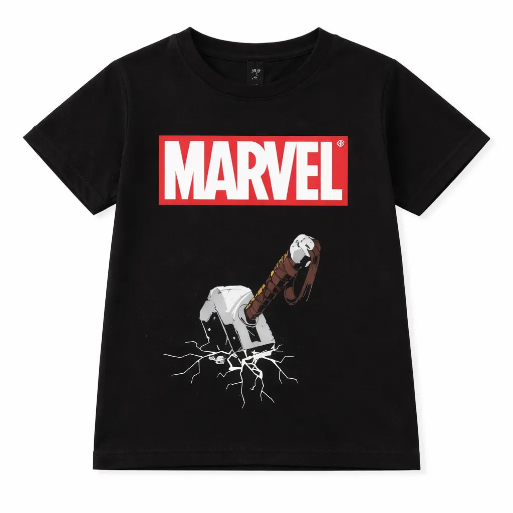 Black Marvel Thor boys’ summer coord set for ages 2-12, featuring Thor graphic shirt and matching shorts by LilCubs.
