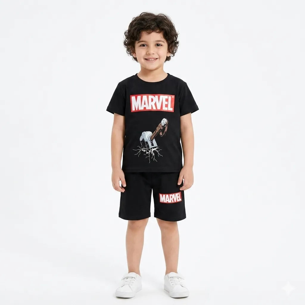 Black Marvel Thor boys’ summer coord set for ages 2-12, featuring Marvel Thor design in comfortable fabric.