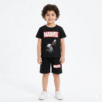 Black Marvel Thor boys’ summer coord set for ages 2-12, featuring Marvel Thor design in comfortable fabric.