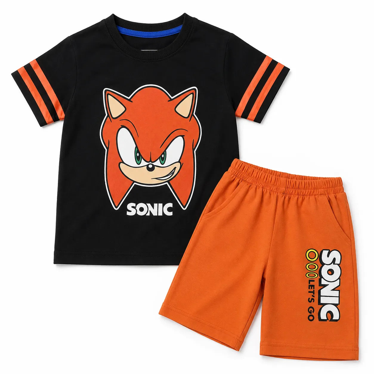 Boys black and orange Sonic summer coord set, 2-piece outfit for ages 1 to 12, featuring Sonic character print from lilcubspk.