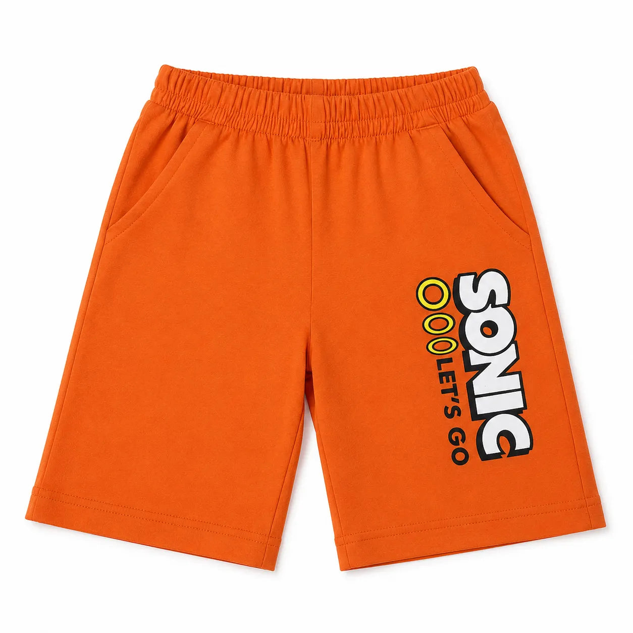Boy's black and orange Sonic summer coord set, 2-piece outfit for ages 1 to 12, featuring playful Sonic character design.