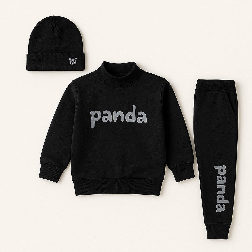 Black 3-piece rib fabric kids outfit set with sweatshirt, jogger pants, and beanie hat for toddlers aged 6 months to 5 years, featuring panda print.

