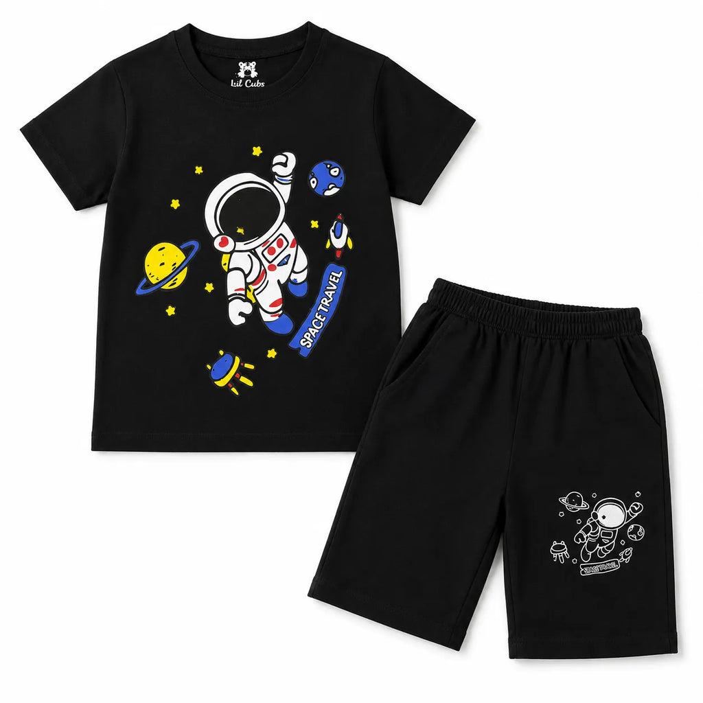 Black boys' space travel print summer coord set by lilcubspk for ages 1 to 12, featuring a playful space-themed design.