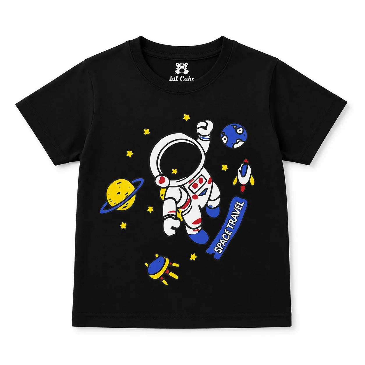 Black boys' summer space travel print coord set by lilcubspk for ages 1 to 12, featuring a space-themed design and comfortable fabric.
