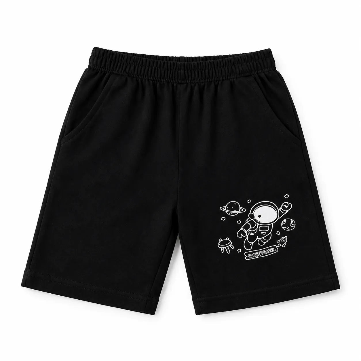 Black space-themed boys' summer coord set by lilcubspk, featuring space travel print for ages 1 to 12 years.