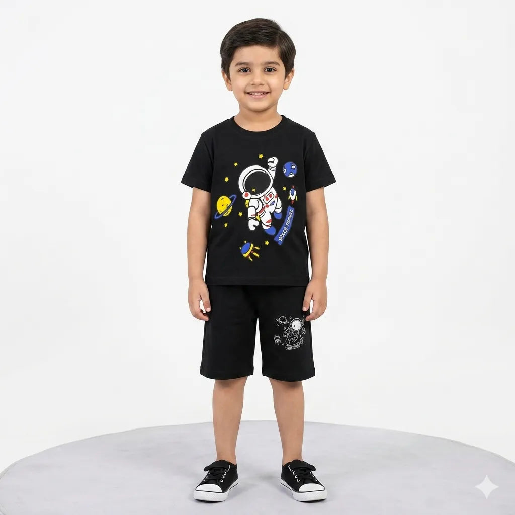 Boy's black space travel print summer coord set by lilcubspk, featuring a space-themed design for ages 1 to 12 years.