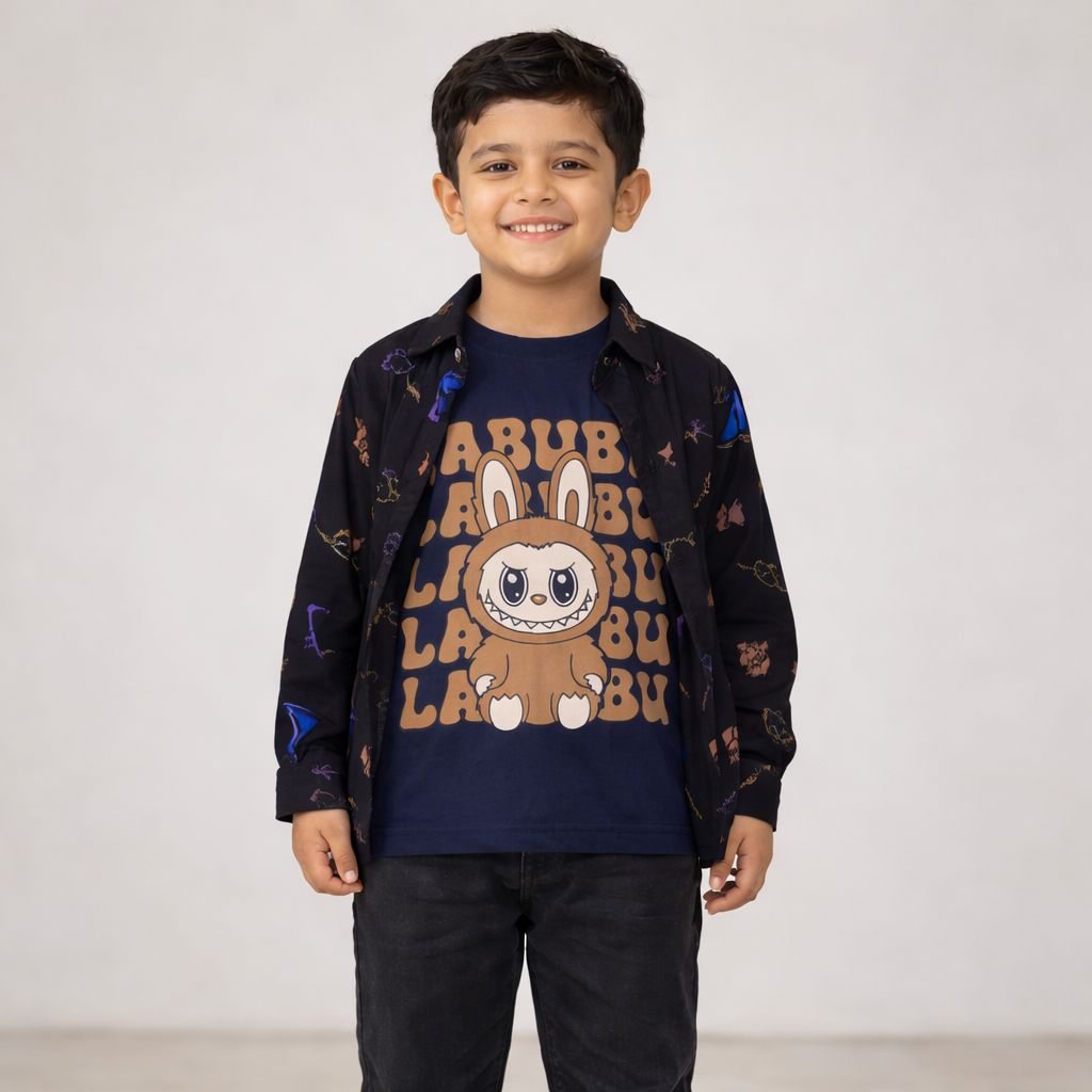 Boys Black Graphical Tee Casual Shirt with LABUBU Bunny Graphic T-Shirt for Kids Wear (1 - 12 Years) - Stylish & cool Kids Shirt - Lilcubs.pk