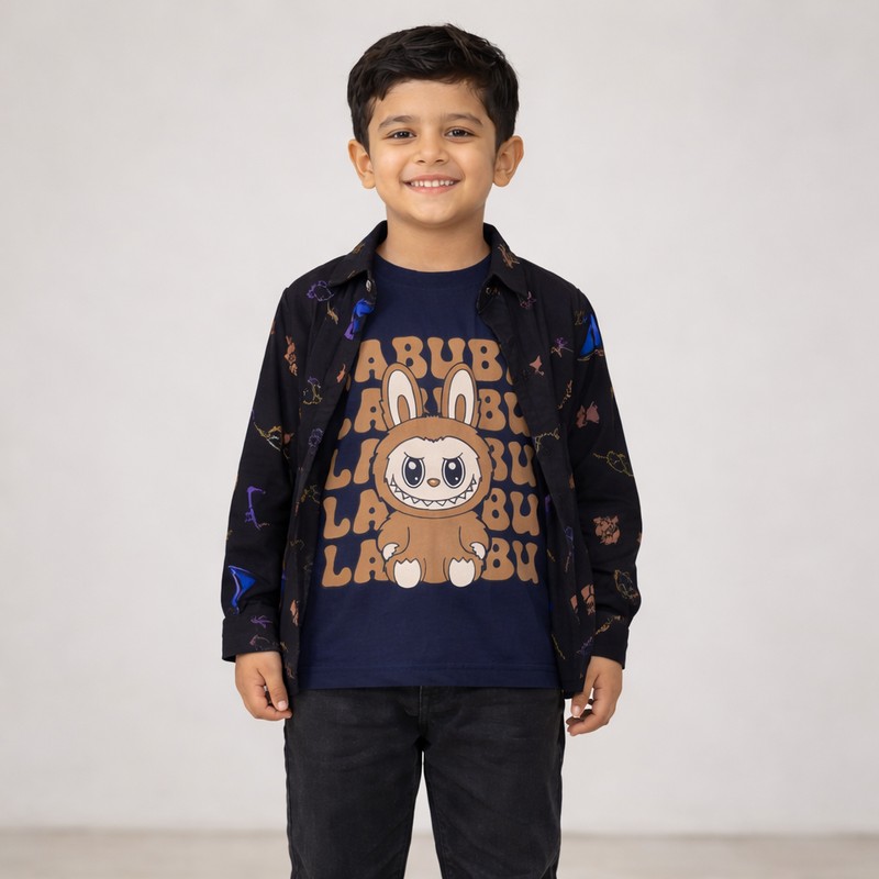 Boys Black Graphical Tee Casual Shirt with LABUBU Bunny Graphic T-Shirt for Kids Wear (1 - 12 Years) - Stylish & cool Kids Shirt - Lilcubs.pk