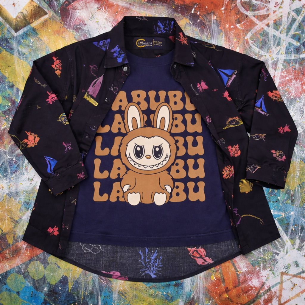Boys Black Graphical Tee Casual Shirt with LABUBU Bunny Graphic T-Shirt for Kids Wear (1 - 12 Years) - Stylish & cool Kids Shirt - Lilcubs.pk