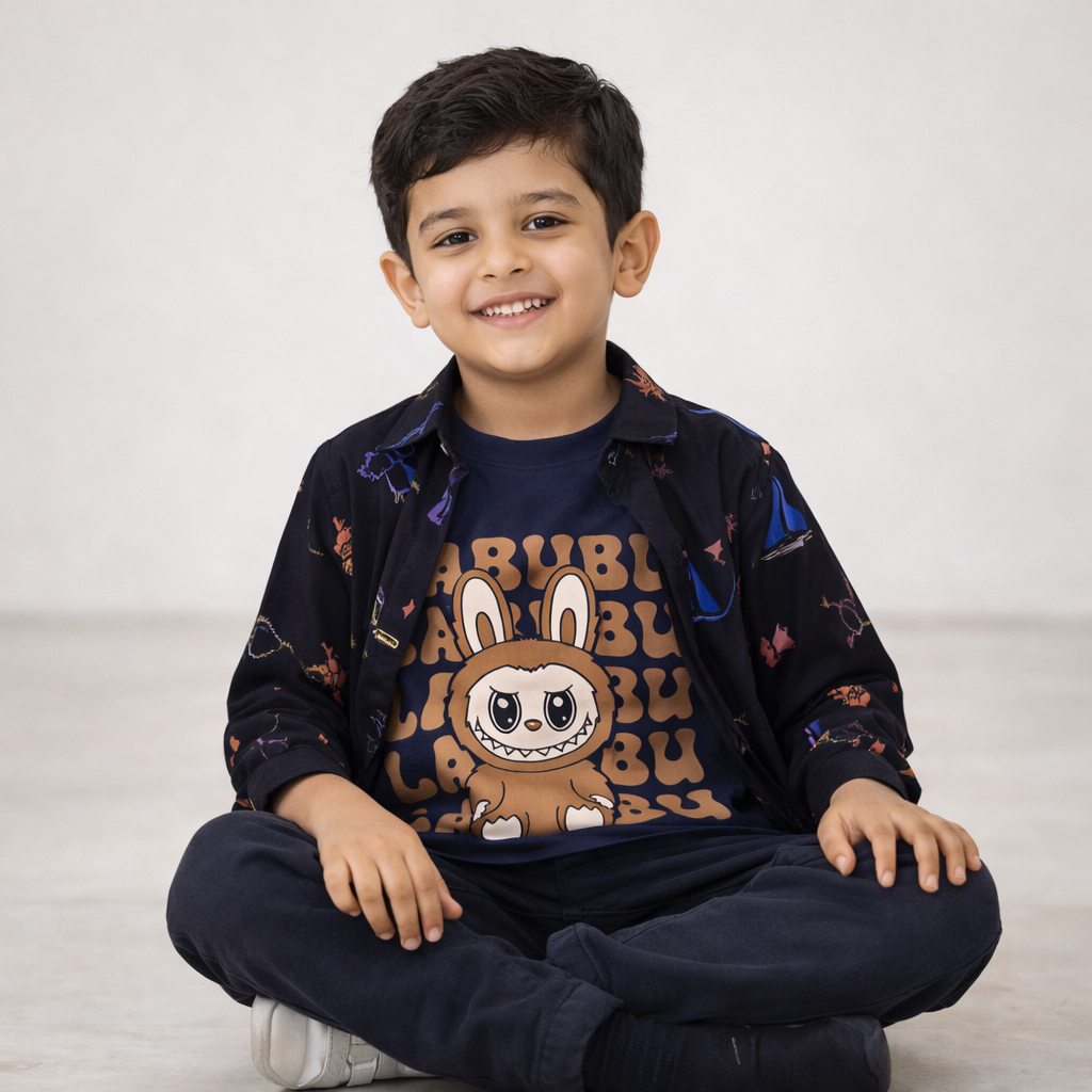 Boys Black Graphical Tee Casual Shirt with LABUBU Bunny Graphic T-Shirt for Kids Wear (1 - 12 Years) - Stylish & cool Kids Shirt - Lilcubs.pk