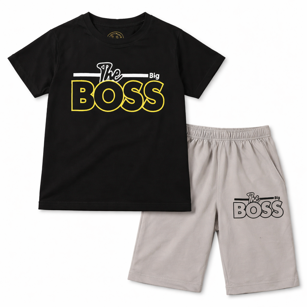 Trendy Kidswear Summer Coord Set - The Big Boss Print Kids Outfit - Black grey Coord Set - Top Kidswear Brand Pakistan - Jersey Cotton Fabric - Lil' Cub
