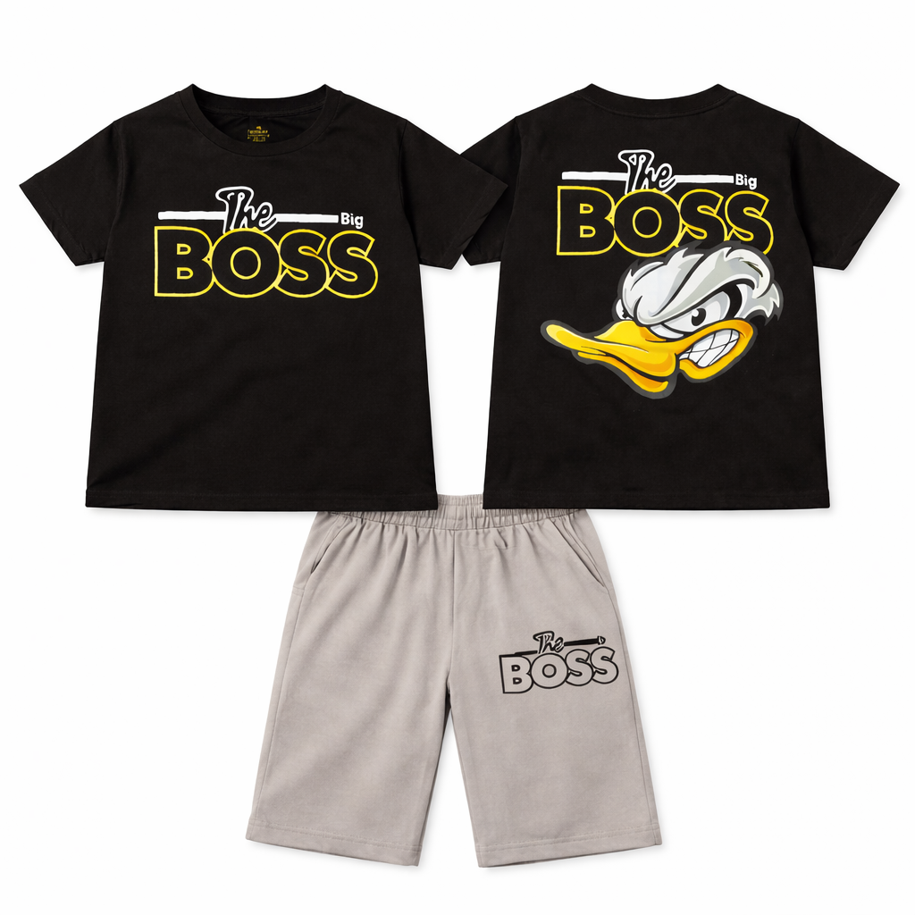 Trendy Kidswear Summer Coord Set - The Big Boss Print Kids Outfit - Black grey Coord Set - Top Kidswear Brand Pakistan - Jersey Cotton Fabric - Lil' Cub