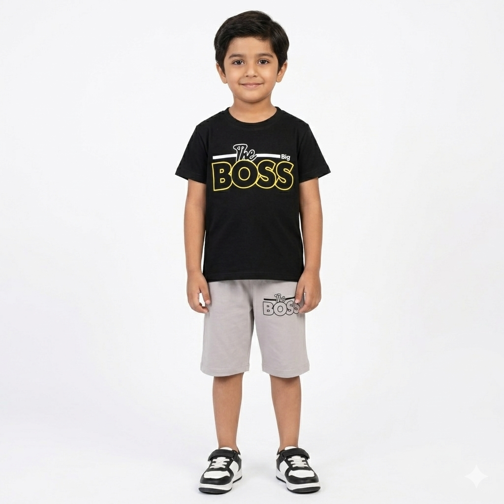 Trendy Kidswear Summer Coord Set - The Big Boss Print Kids Outfit - Black grey Coord Set - Top Kidswear Brand Pakistan - Jersey Cotton Fabric - Lil' Cub