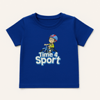  Blue kids t-shirt with “Time 4 Sport” cycling cartoon graphic for boys & girls aged 1–6 years

