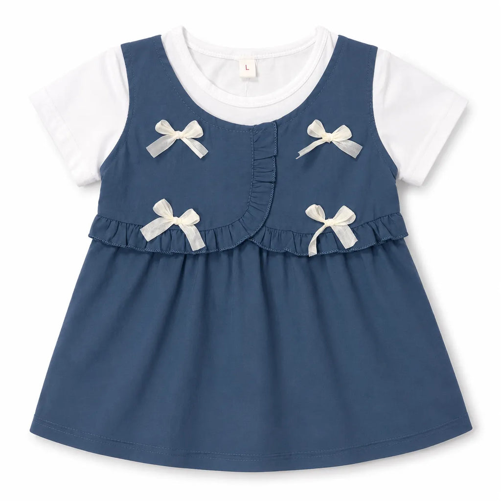 Girls Blue Bow Cotton Frock (Age 3 Months - 3 Years)