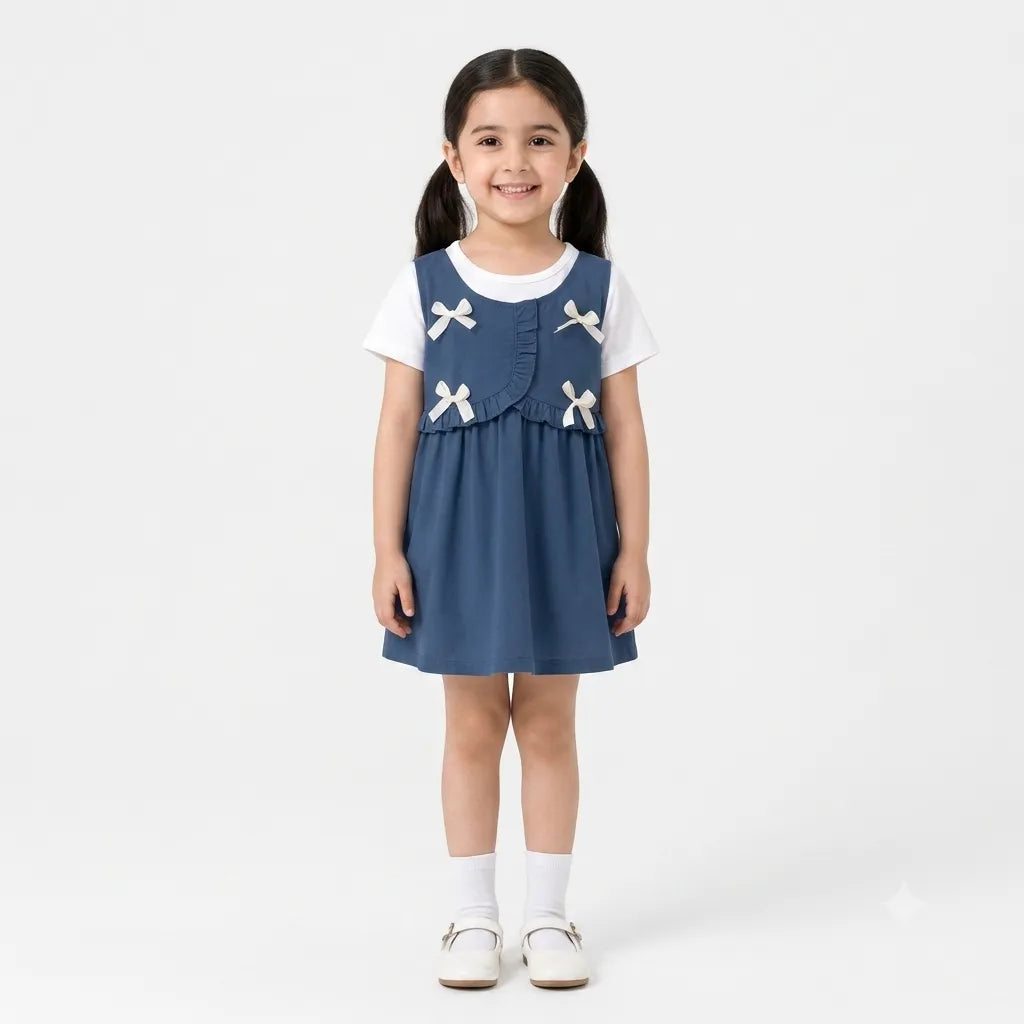 Girls Blue Bow Cotton Frock (Age 3 Months - 3 Years)