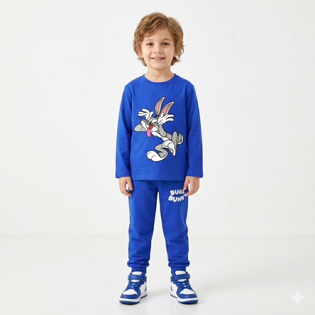 Summer Coord Set 2-Piece for Kids – Bugs Bunny Print Full Sleeve Shirt & Trousers with Side Pockets