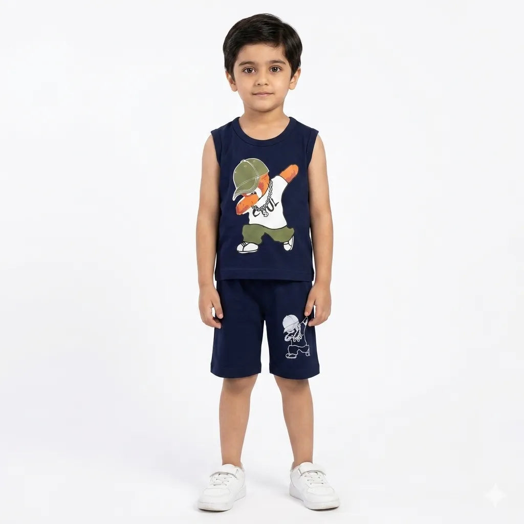Blue Cool Bear sleeveless summer coord set for kids aged 1-12 by lilcubspk, featuring a cute blue bear design.