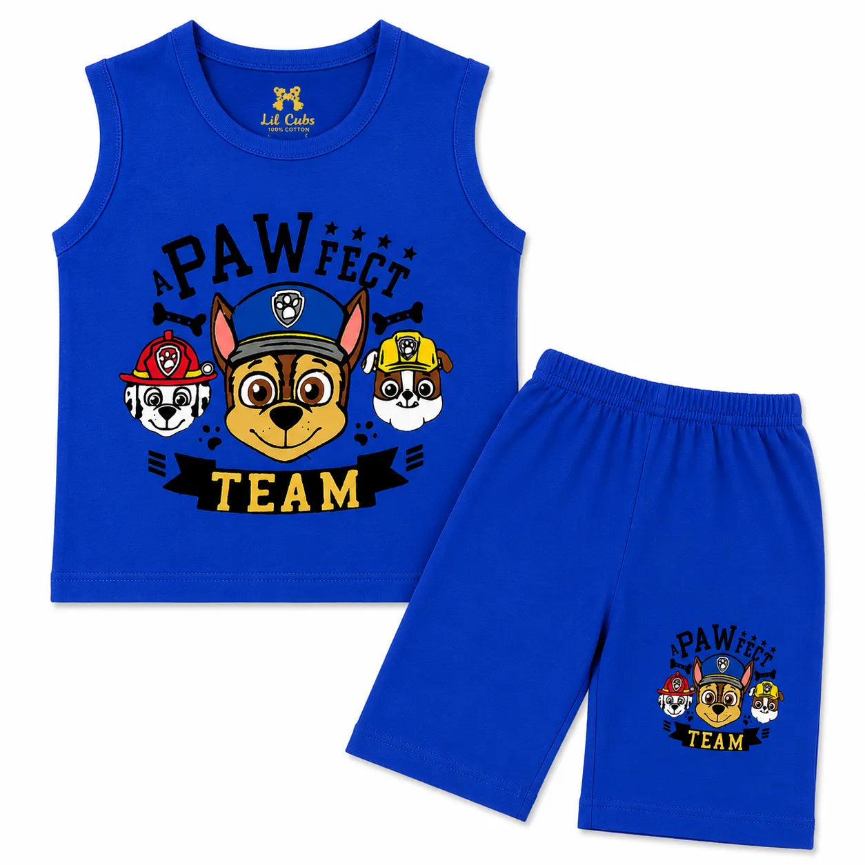 Blue Paw Team print sleeveless summer coord set for kids aged 1-12 by lilcubspk, featuring a playful blue paw design.