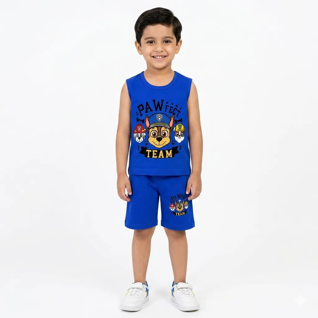 Blue Paw Team print sleeveless summer coord set for kids from lilcubspk, featuring a playful blue paw design for ages 1-12.