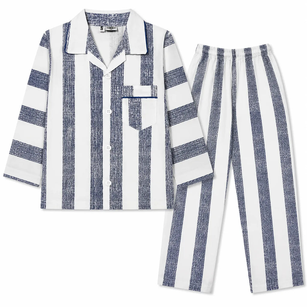 Kids Dull Blue & White Lining Cotton Summer Night Suit (1 - 4 Years)