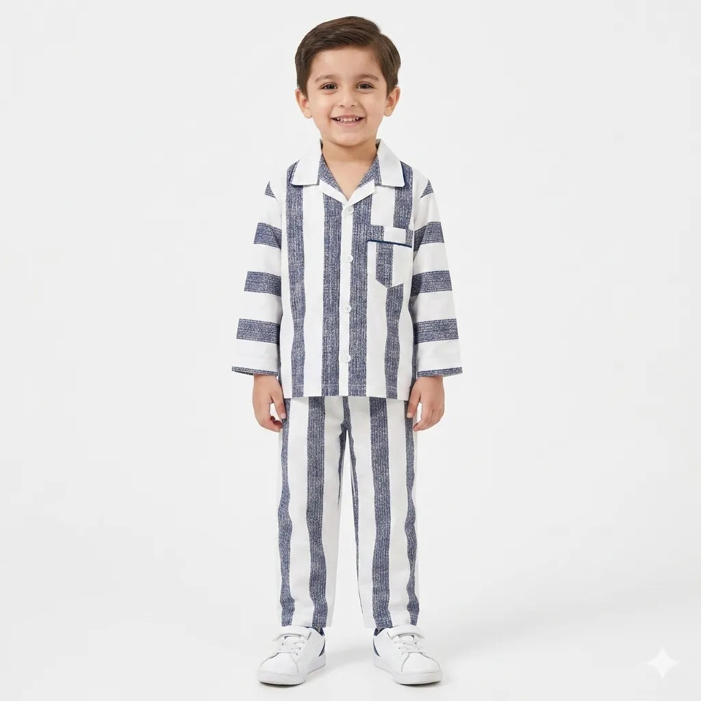 Kids Dull Blue & White Lining Cotton Summer Night Suit (1 - 4 Years)