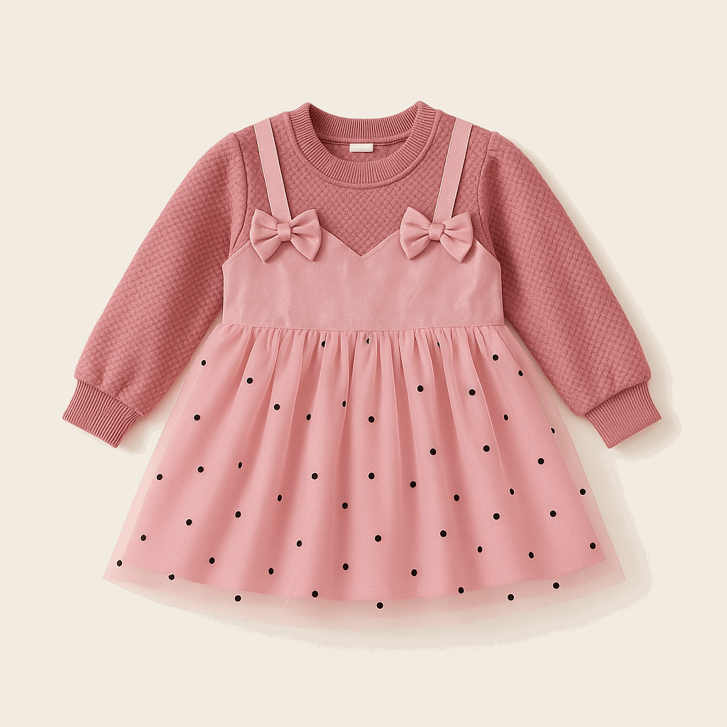 "Blush Pink Polka-Dot Bow Tulle Party Frock – Long Sleeve Princess Dress for Girls (3–7 Years)"