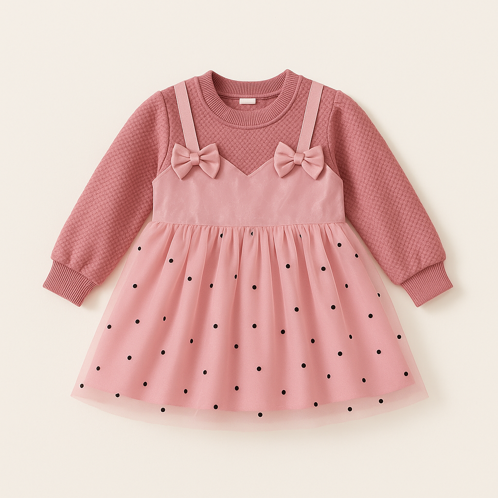 "Blush Pink Polka-Dot Bow Tulle Party Frock – Long Sleeve Princess Dress for Girls (3–7 Years)"