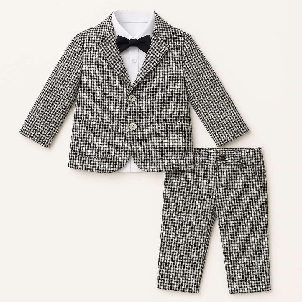 “Boys 3-piece formal suit with check blazer, white shirt, black bow tie and trousers – ages 1–5 years”
