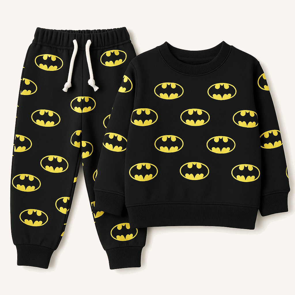 Boys black sweatshirt and jogger set with yellow Batman logo print, suitable for ages 1 to 12 years

