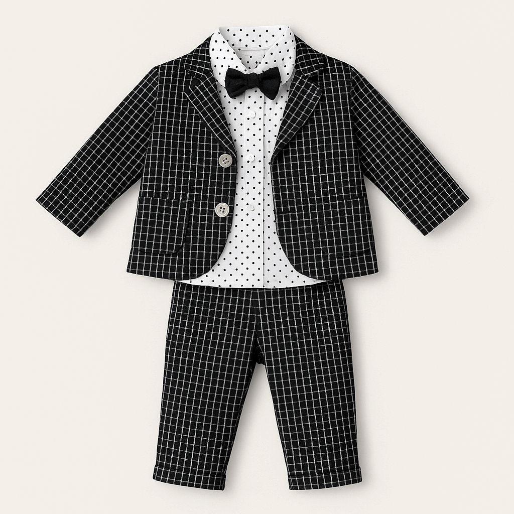 Boys Black Check 3-Piece Imported Suit with Polka Dot Shirt & Bow Tie – 1–5 Years
