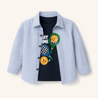 Boys double shirt layered set: blue check long-sleeve button-down over navy inner with Play Time tennis graphic, front view on hanger.