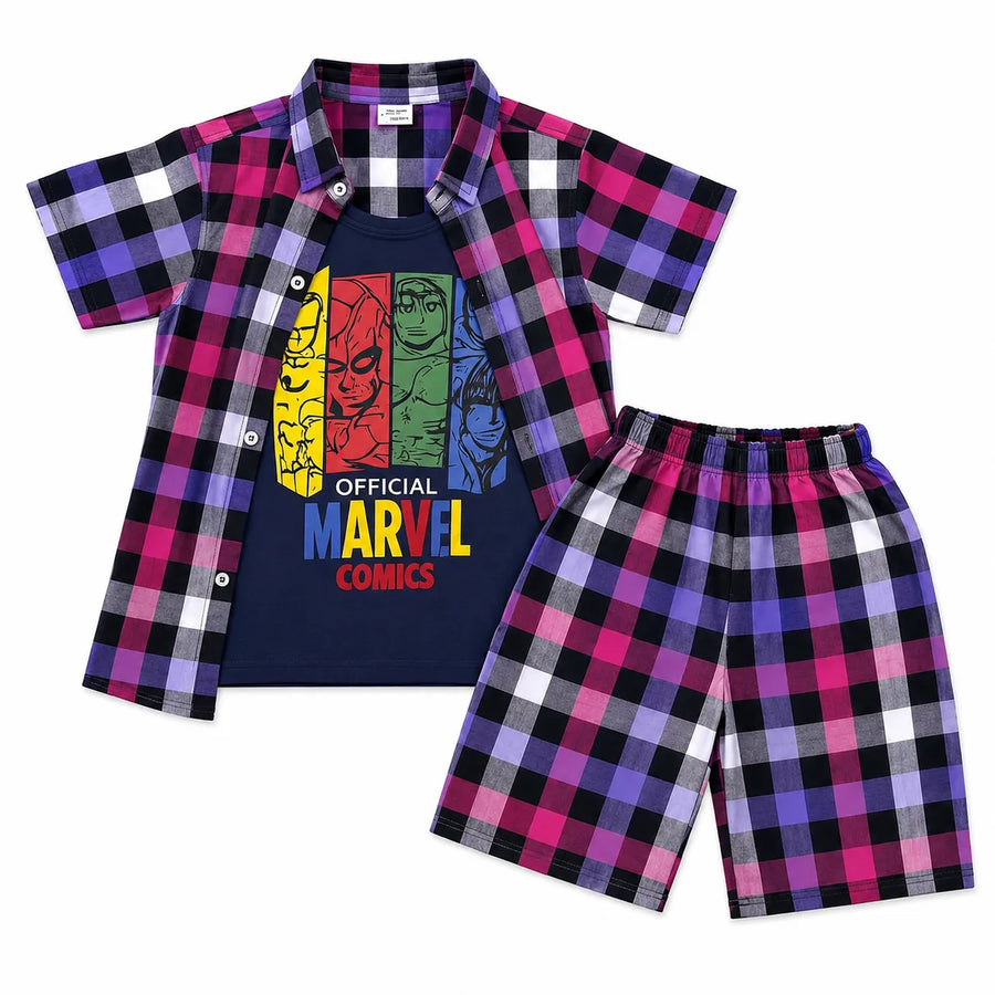 Boy wearing a mix-color check Marvel print summer coord set for boys, featuring a double shirt from lilcubspk.