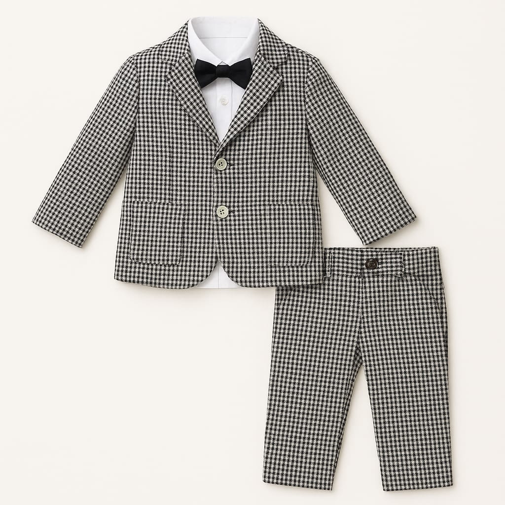“Boys 3-piece formal suit with check blazer, white shirt, black bow tie and trousers – ages 1–5 years”
