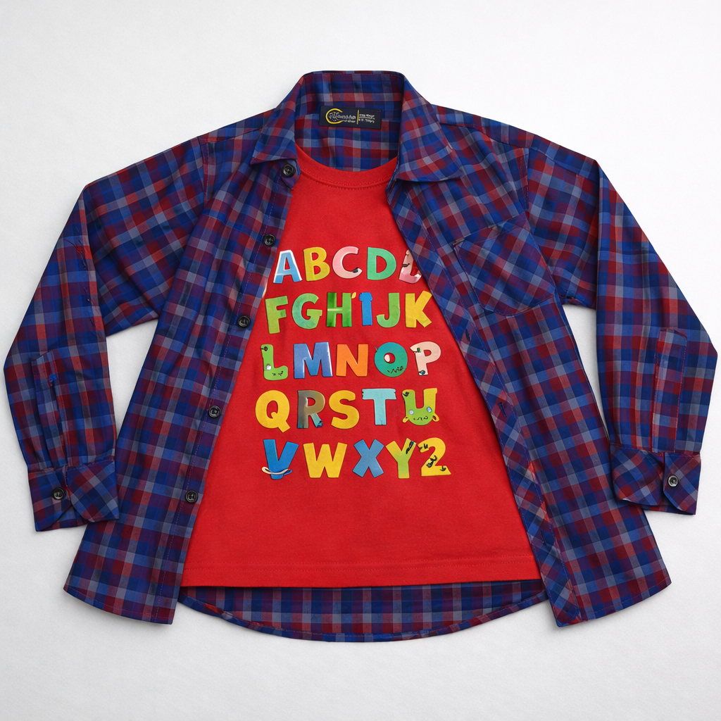 Boys Alphabet Graphic T-Shirt with Checked Shirt – Stylish 2-Piece Outfit