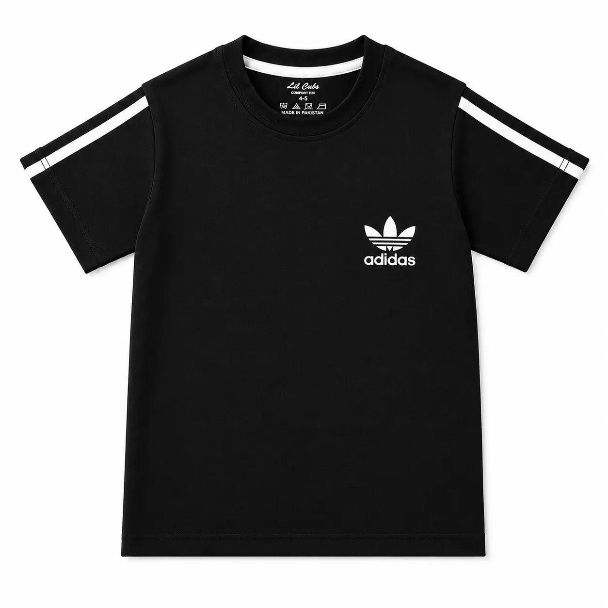 Boy wearing black Adidas summer coord set for boys aged 1 to 12 years, featuring a matching top and shorts.