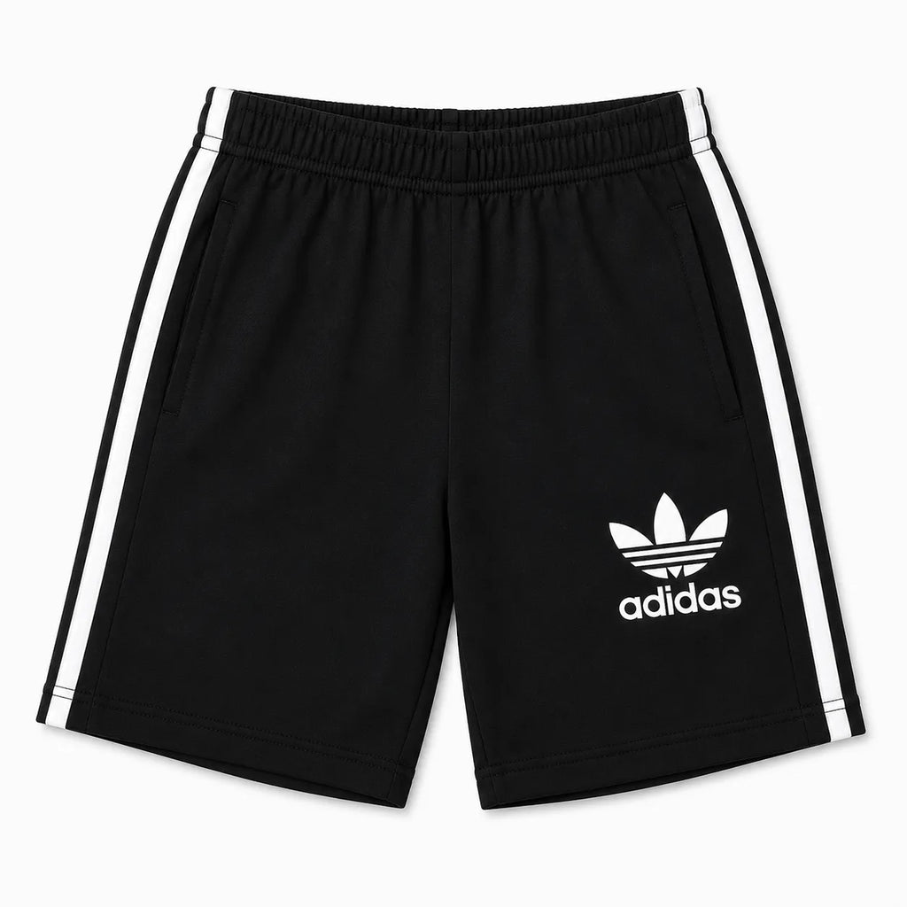 Boy wearing black Adidas summer coord set for boys aged 1 to 12, featuring comfortable fabric and sporty style.