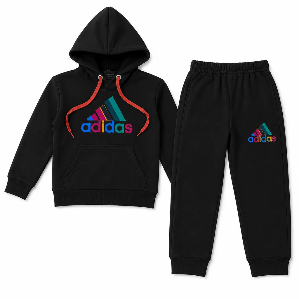 Boys black Adidas winter hoodie tracksuit set by Lil' Cubs, includes a hoodie and matching pants for ages 1 to 12 years.