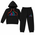 Boys black Adidas winter hoodie tracksuit set by Lil' Cubs, includes a hoodie and matching pants for ages 1 to 12 years.