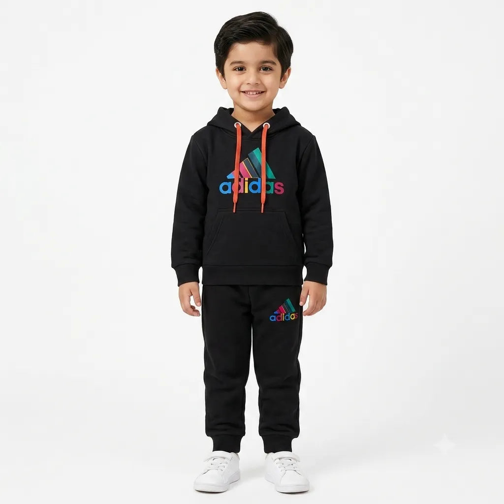 Boys black Adidas winter hoodie and jogger tracksuit set by Lil' Cubs, size 1-12 years, showing the cozy hoodie and matching pants.
