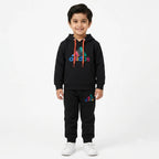 Boys black Adidas winter hoodie and jogger tracksuit set by Lil' Cubs, size 1-12 years, showing the cozy hoodie and matching pants.