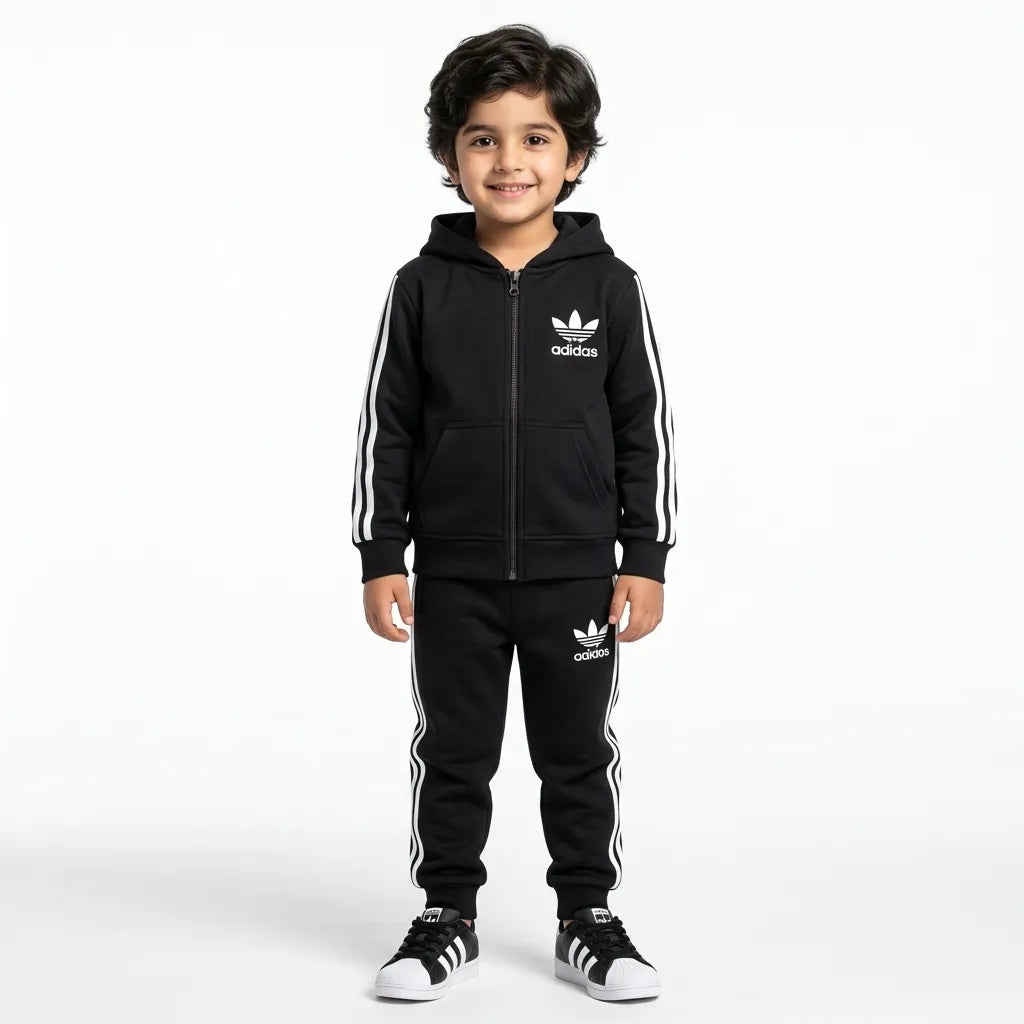 Boys Black Adidas Zipper Hoodie Winter Coord Set (2 Piece) - Size 1 - 12 Years
