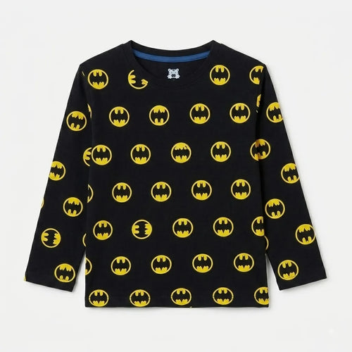 Young boy wearing black Batman summer coordinate set by Lil' Cubs, featuring a short-sleeve top and shorts for ages 1 to 12.