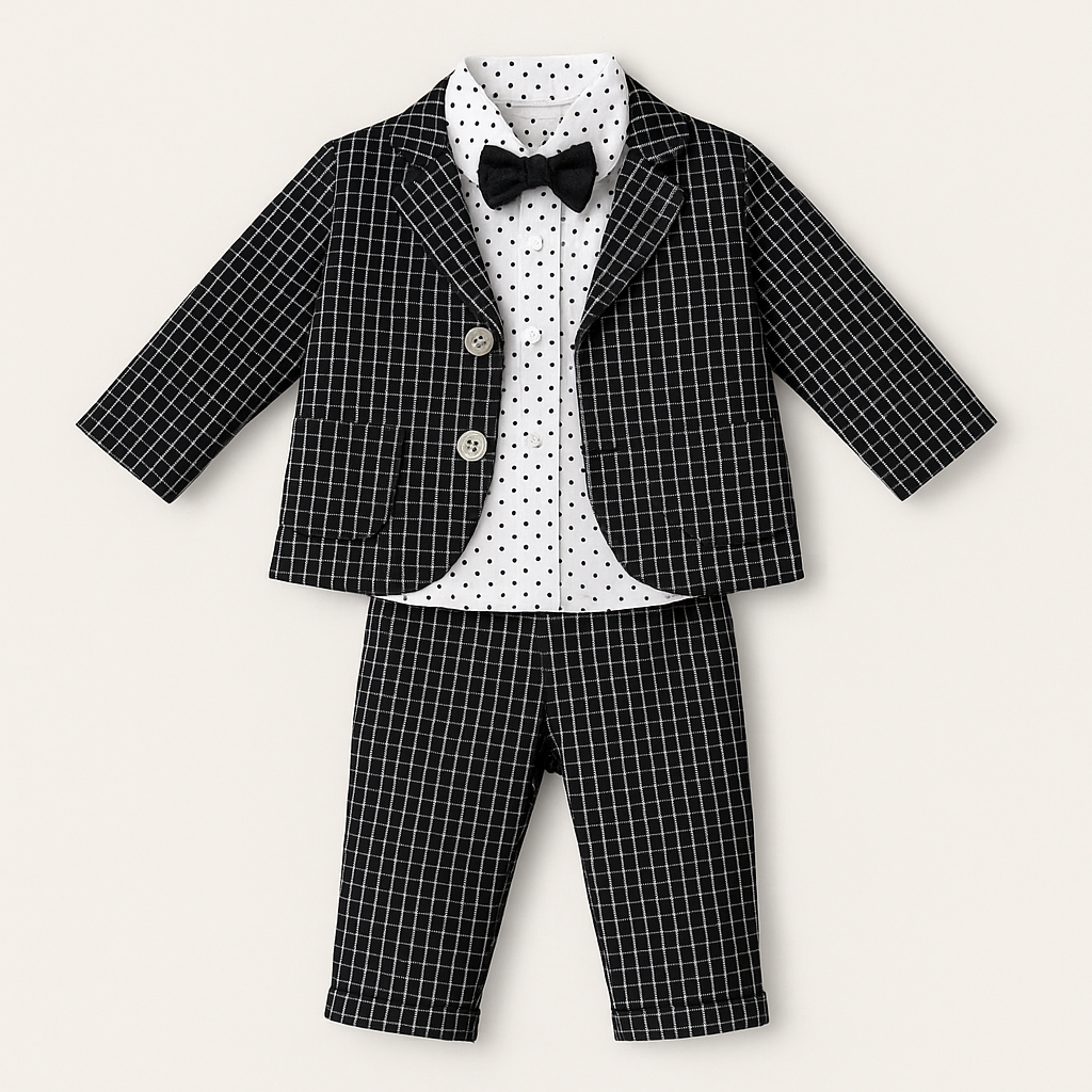 Boys Black Check 3-Piece Imported Suit with Polka Dot Shirt & Bow Tie – 1–5 Years