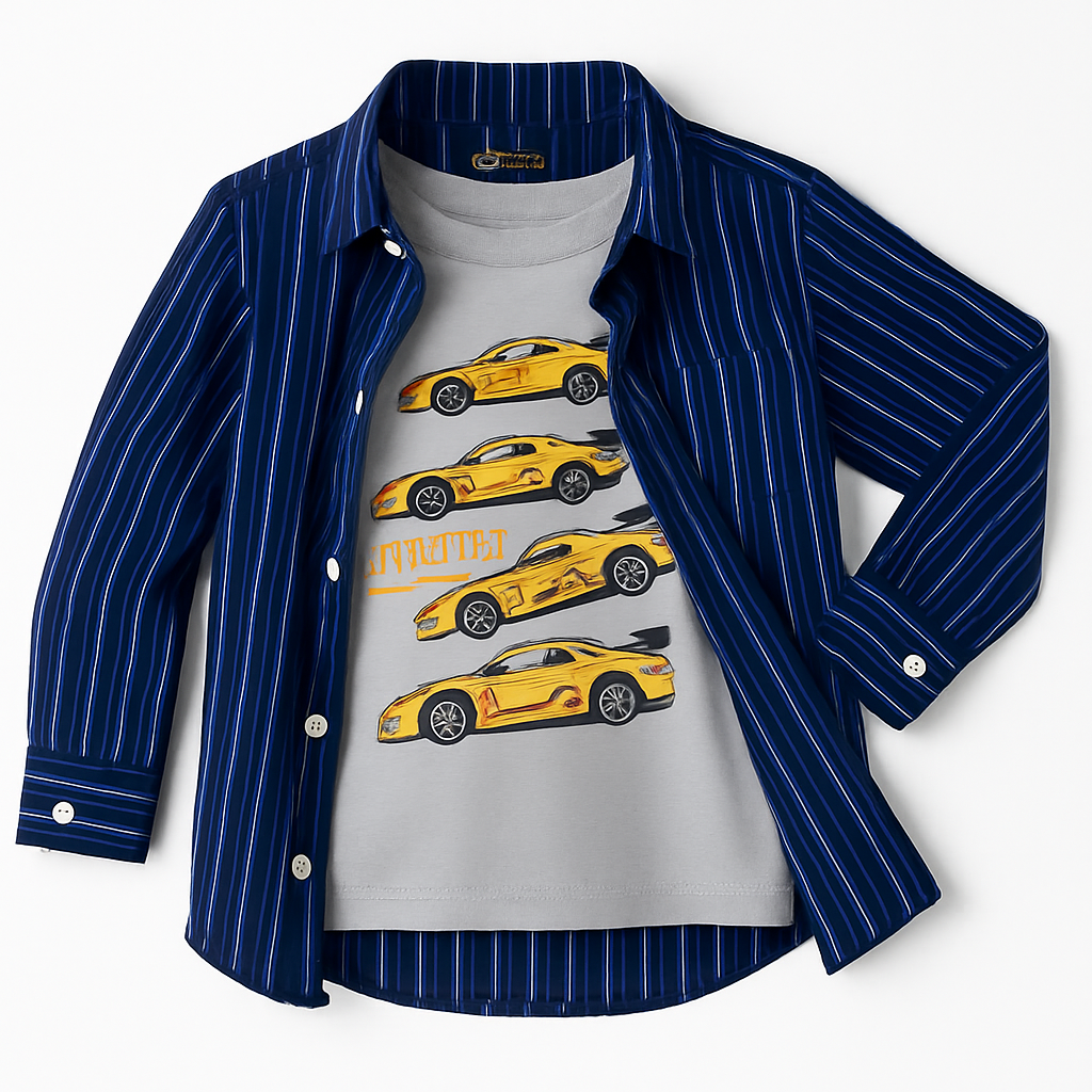 Boys Blue Casual Shirt with Sports Car T-Shirt – Summer Set (1-12Y)

