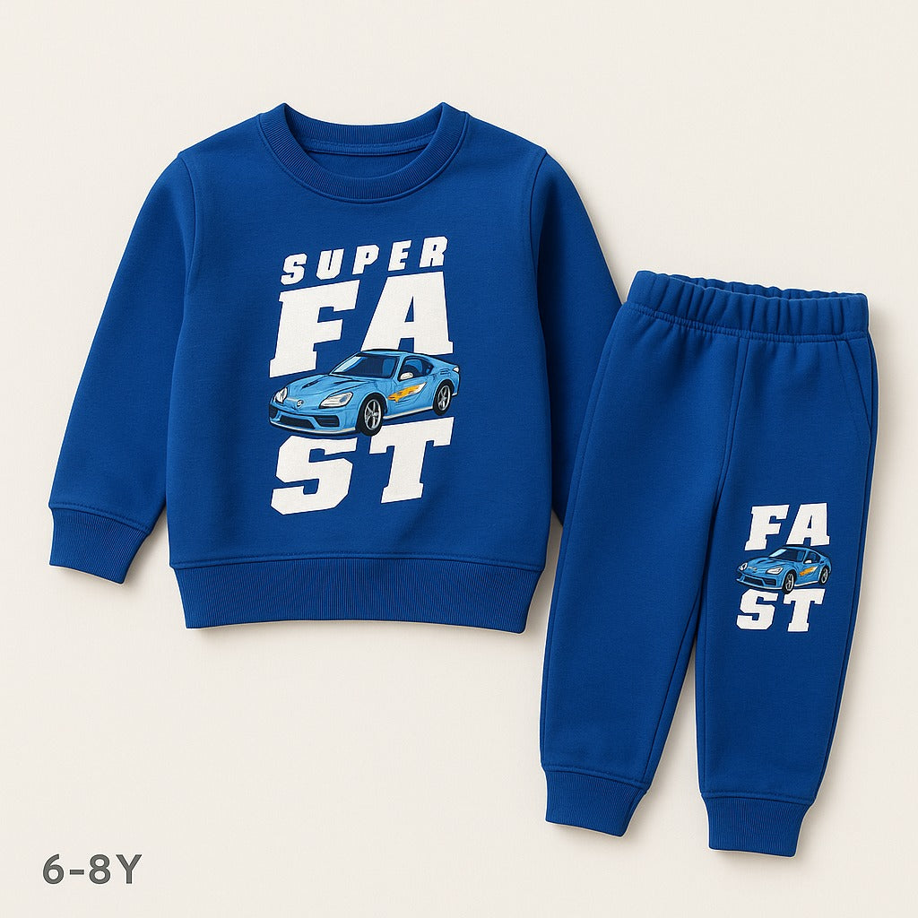 Kids “Super Fast” Blue Car Tracksuit Set (Ages 1–12 Years) — Sweatshirt