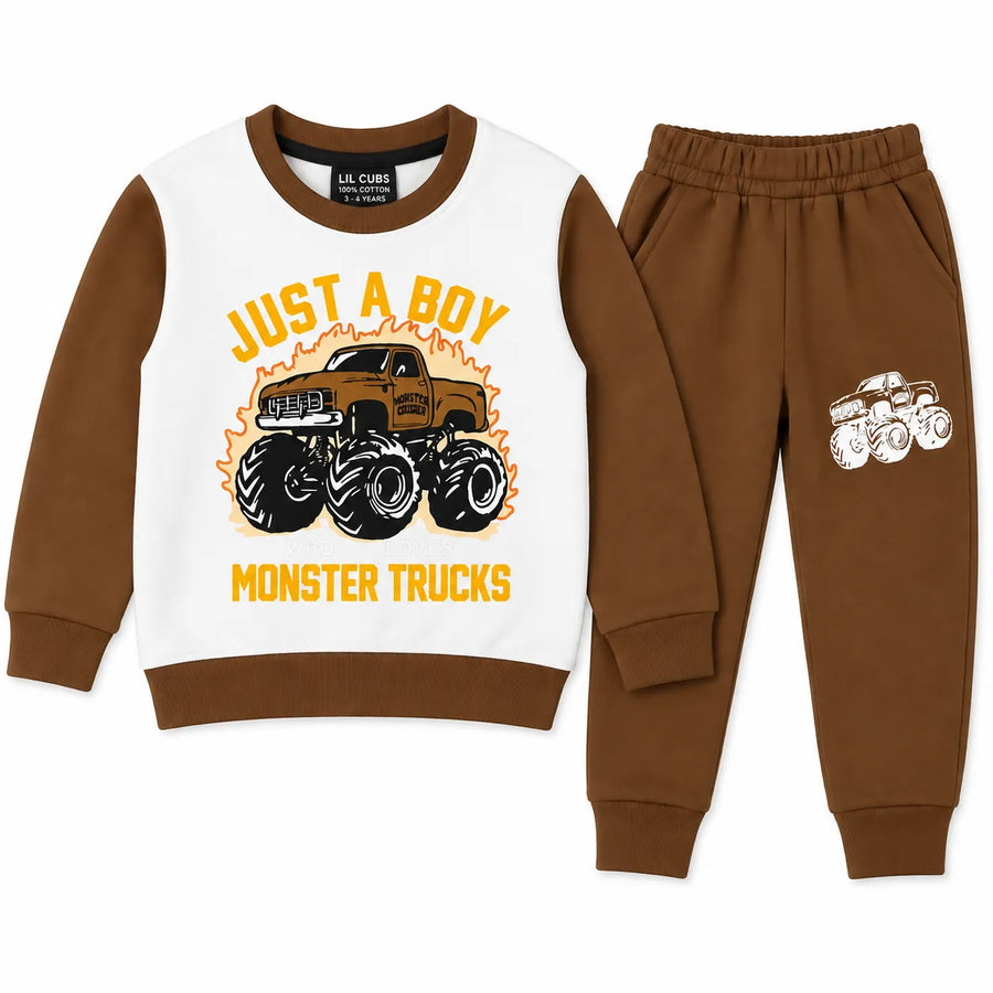Boys Brown & White Monster Truck Winter Coord Set (2 Piece) - Size 1 - 12 Years