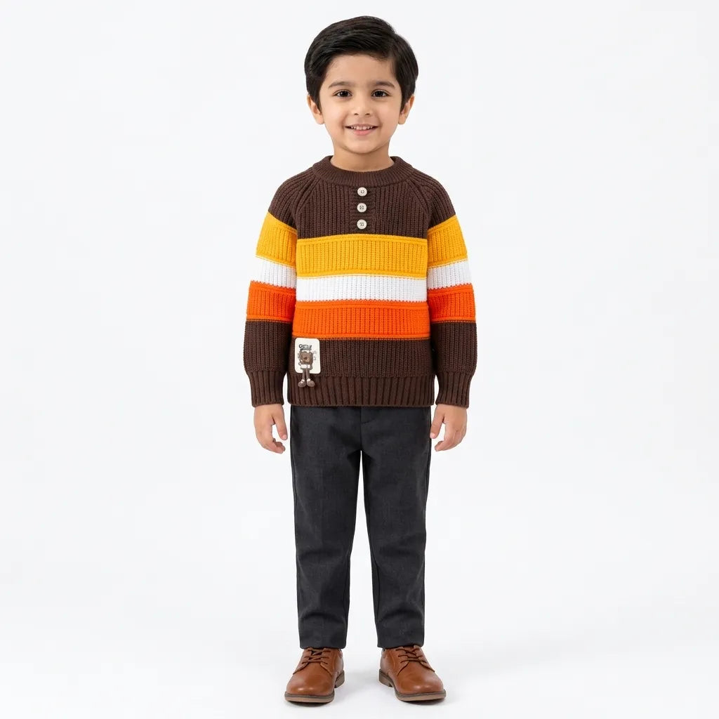 Boys Brown Winter Sweater with Striped Design (Size 1 - 4 Years)