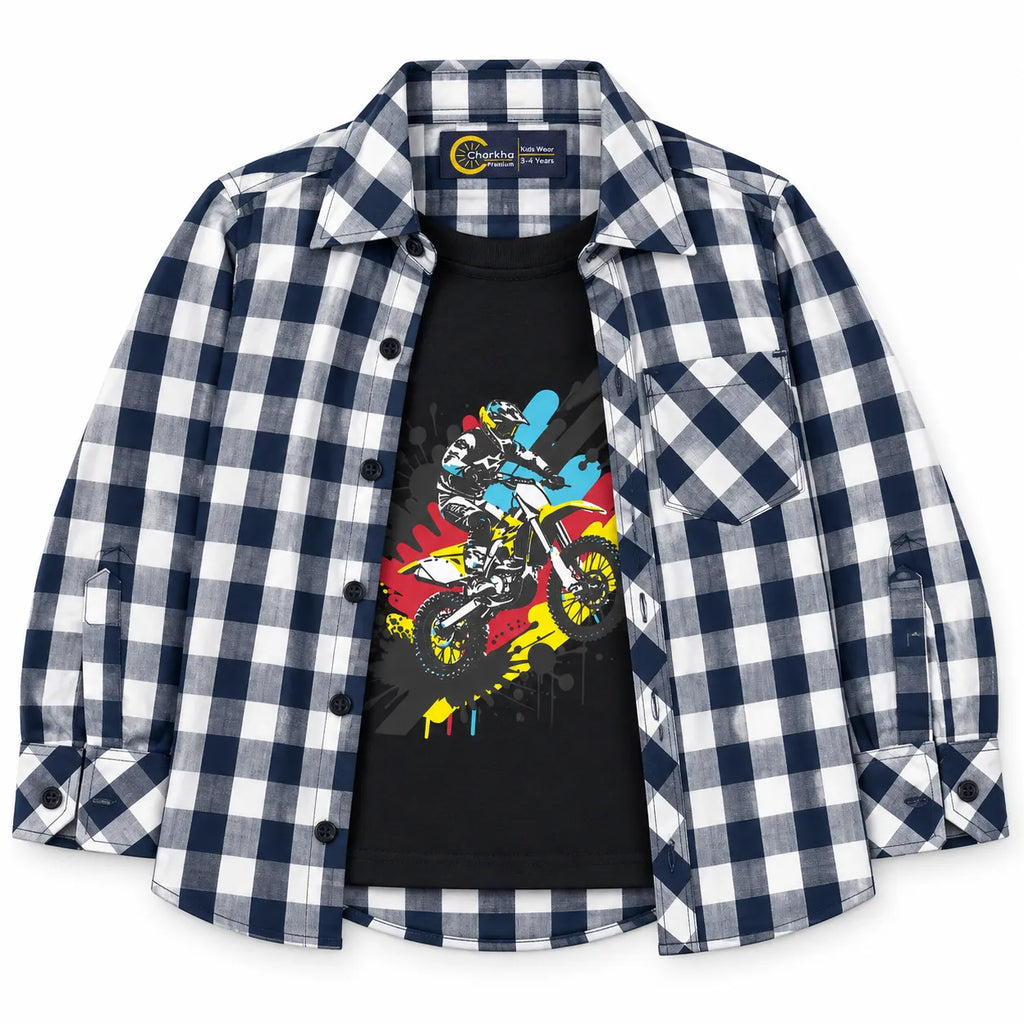 Boys Cotton Double Shirt Black Check with Bike Rider Print (Size 1 - 12 Years)